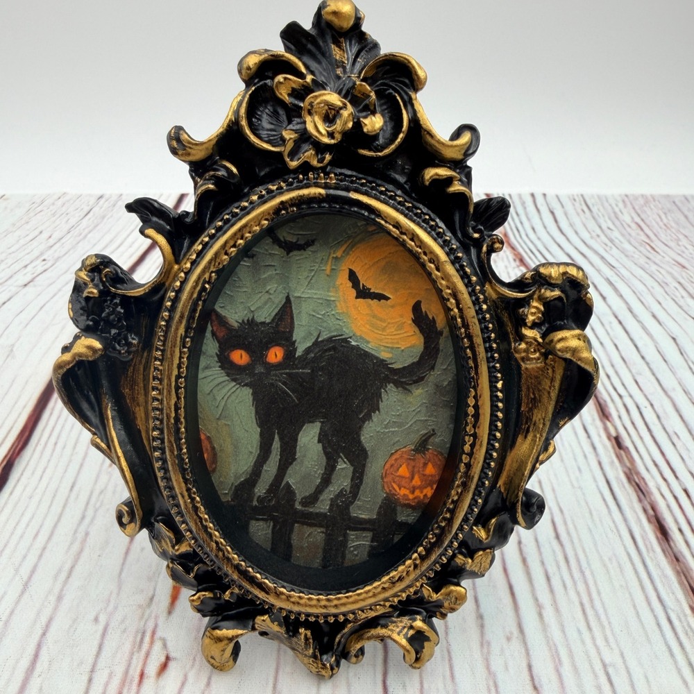 Halloween Black Cat Art Print Ornate Gold Black Resin Frame Gothic Decor 5 inch